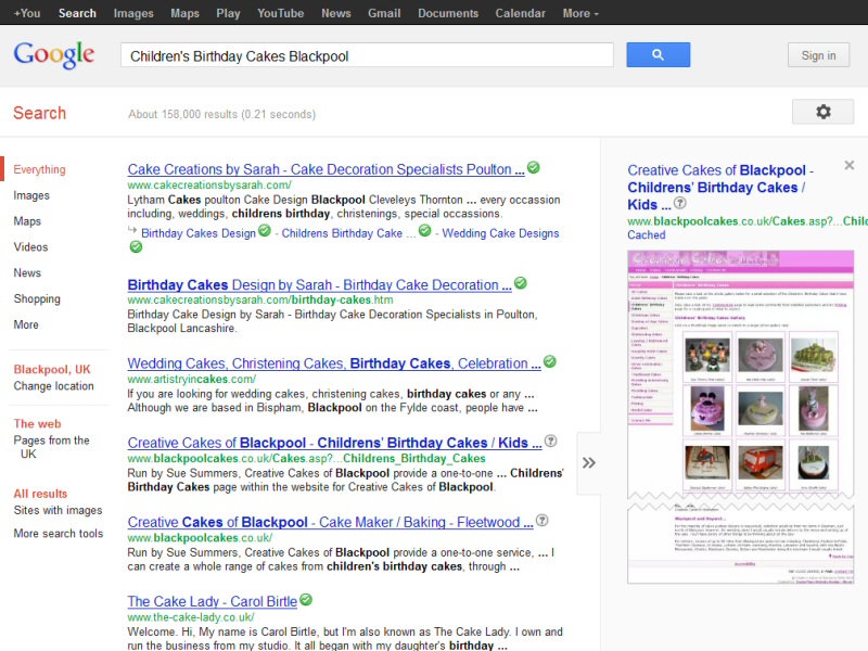 Creative Cakes of Blackpool (Google Rankings) Website, © EasierThan Website Design
